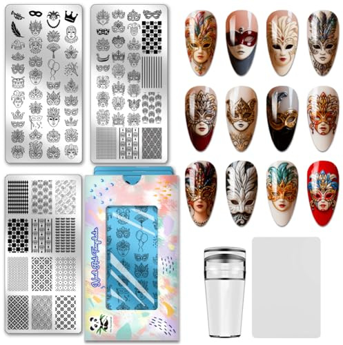 PH PandaHall 3 placas de estampado de uñas de carnaval de Venecia, 84 patrones, plantillas de arte de uñas, celebración, manicura, arte de manicura, sello de diseño de uñas para mujeres, manicura