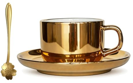 Goldene Kaffeetasse Set mit Untertasse & Löffel (250ml),Luxus Kaffeetassen Set Keramik, Cappuccinotasse Espressotasse Teetasse Gold,Modernes Nordisches Design Barista Zubehör,Zuhause Büro Café