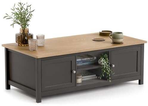 CHRISTOW Coffee Table with Storage & Oak-Effect Top, 2 Open Shelves & 2 Cupboards, Modern 3 Tier Living Room or Bedroom Table, Sturdy MDF Frame, Matte Painted Charcoal Finish, H40cm x W115cm x D60cm