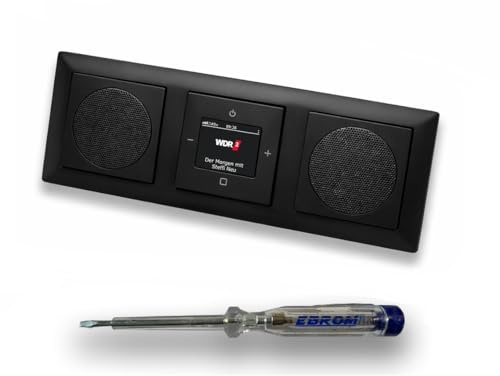 Busch Jäger DAB+ (DAB PLUS) Unterputz Radio 8215U-101 Balance Si schwarz matt -915, Set mit 2 x Lautsprecher, Abdeckungen und Rahmen + EBROM Phasenprüfer zur Montage der Geräte - 8215 U – 101