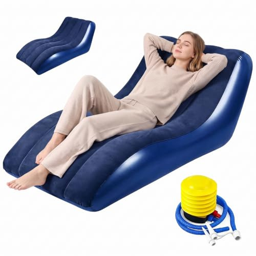 Uppblåsbar soffa med fotpall, uppblåsbar fåtölj, luftsoffa, uppblåsbar soffa för camping, med luftpump, bärbar flockad soffyta för inomhus- och utomhusbruk, camping, resor, strand (blå)