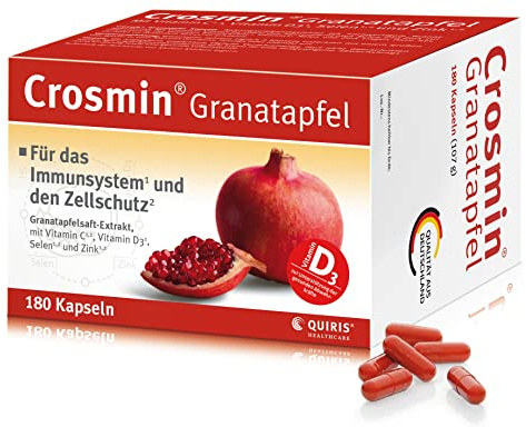 Crosmin Granatapfel Extrakt für Immunsystem und Zellschutz*, mit Vitamin C plus Zink, Vitamin D3 & Selen, hochdosiert, für Vegetarier geeignet, 180 Kapseln