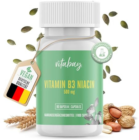 Vitabay Vitamin B3 Niacin 500 mg - 90 Vegane Flush Free Niacinamide Kapseln - Vitamin B3 Hochdosiert Niacinamide - Laborgeprüft & ohne unerwünschte Zusätze