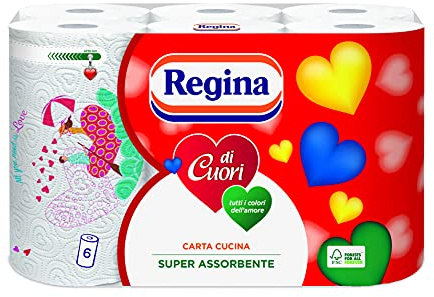 Regina di Cuori – 6 Rollen Küchenpapier, 50 Blatt, super saugfähig, 2-lagig, Packung zu 50% aus recyceltem Kunststoff, Papier 100% FSC®-zertifiziert