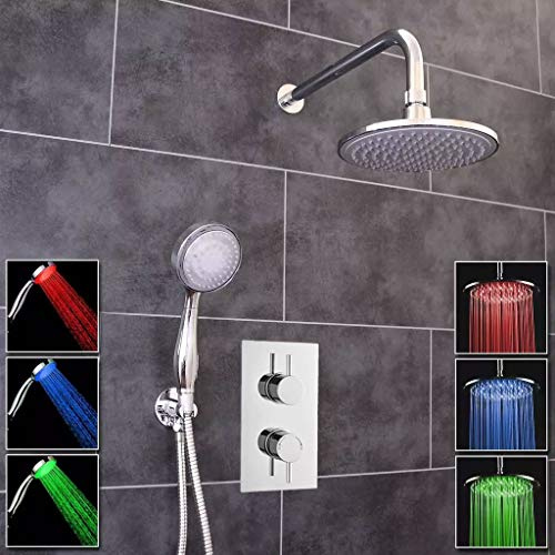 ECOSPA Concealed Twin Thermostatic Shower Mixer Valve in Chrome with 2 Outlets, 2 Round Handles and Full LED Experience with Round LED Overhead and Handset, Anti-Scalding Safety Feature, WRAS Approved