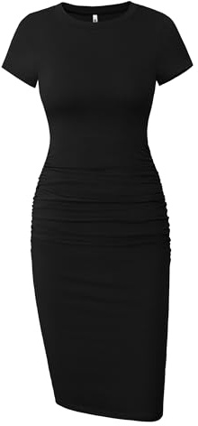 Missufe Women's Ruched Casual Sundress Knee Length Bodycon Sheath T Shirt Dress (Black, Small)