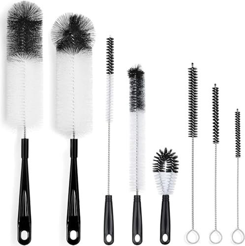 ALINK 8-Pack Bottle Cleaning Brush Set - Long Handle Black Bottle Cleaner for Washing Narrow Wine/Beer Bottles, HydroFlask Tumbler, Sports Water Bottles, Kettle/Lid Brush, Straw Brush