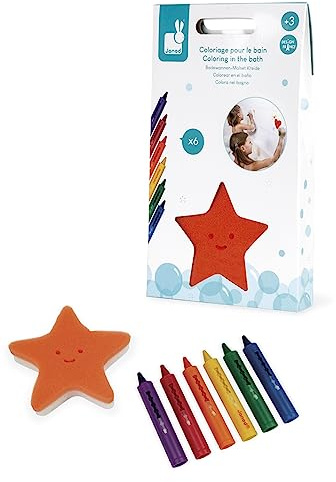 Janod - Kit de Coloriage Ludique Pour le Bain - Jouet de Bain Créatifs - 6 Crayons et 1 Eponge - Jouet d'Eveil - Pour Dessiner & Écrire - Dès 3 Ans, J04725