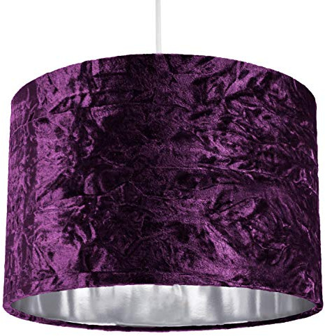 Modern and On-Trend Vivid Purple Crushed Velvet Fabric 12 Table or Pendant Circular Drum Lampshade with Shiny Silver Inner - 60watt Maximum | Perfect for Residential or Commercial by Happy Homewares