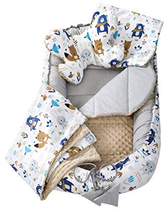 Medi Partners Kuschelnest-Set inklusive Babynest 90 x 50 herausnehmbarer Einsatz Flachkissen Krabbledecke Schmeterrling-Kissen Babys 100% Baumwolle, Boho Animals mit Beige Minky, 5 teilig