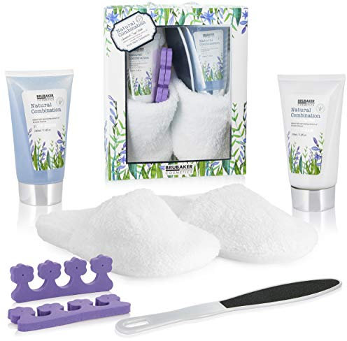 BRUBAKER Cosmetics - Coffret pédicure & soins des pieds - Lavande/Sauge Menthe - 6 Pièces - Pantoufles blanches en Peluche incl. - Idée cadeau Femme