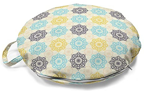 ABAKUHAUS marokkanisch Rundes Bodenkissen mit Griff, Oriental Art Retro Folk, dekoratives Kissen für Wohnzimmer & Schlafsäle, 45 cm, Blassblau Gelb