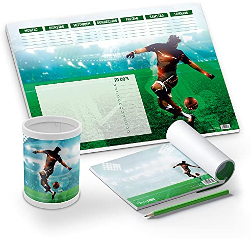 itenga Schreibtisch-Set Fußball 3-teilig Schreibtischunterlage Papier DIN A3 Stifteköcher Notizblock für Kinder Schüler Erwachsene Jungen