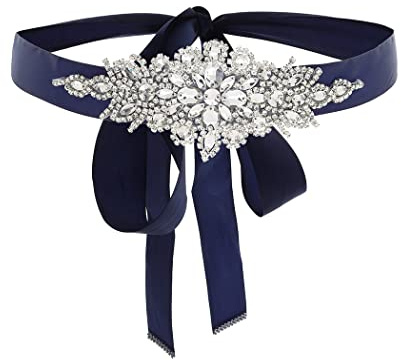 IYOU Strass Hochzeit Gürtel Kristall Schärpe Applikationen Gürtel Braut Abschlussball Kleidergürtel mit Navy blau Schleife für Frauen