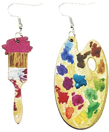 Bohemian Vintage Big Wooden Artist Double-sided Printing Paint Brush Dangle Drop Earrings Paint Palette Charm Earrings Colorful Painter Jewelry for Women Artist Gift Art Teacher Gifts, 74 mm, Wood