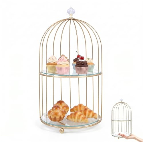 DOITOOL Gold Metall Cupcake Ständer Vogelkäfig Dessertständer 2 Etagen Dessert Display Ständer Kuchenhalter für Hochzeit, Party, Geburtstag, Babyparty Feiern, Tischdekorationen