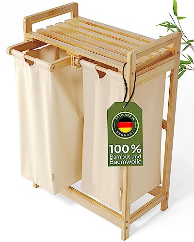 AMBIAVO® Wäschekorb 2 Fächer [creme-beige, 100% Baumwolle, Bambus, 60 l Volumen] | Wäschesammler für Schmutzwäsche| Wäsche Sortiersystem | Wäschesortierer Holz | Wäschebox | laundry baskets