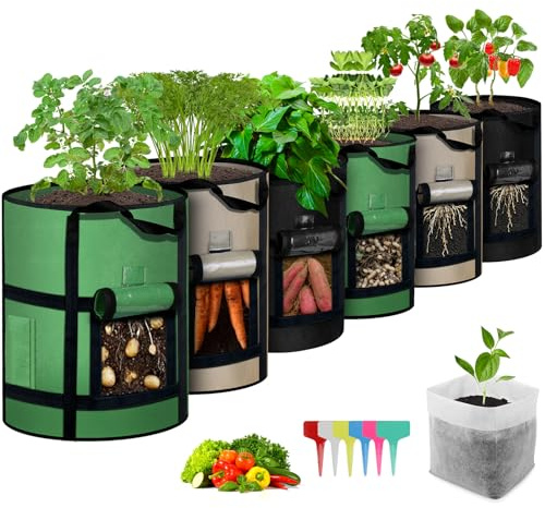 MEKOLIFE 10 Gallon Potato Grow Bags with Viewing Window, 300G Nonwoven Garden Planting Pots, Heavy-Duty Surround Handles for Gardening Supplies (6Pack Grow Bags)