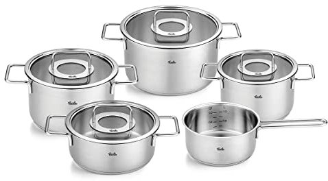 Fissler Pure Collection/Edelstahl-Kochtopfset, 5-teilig, Töpfe mit Glas-Deckel (3 Kochtöpfe,1 Bratentopf 1 Stielkasserolle) - Induktion