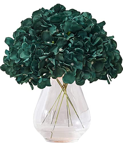 KISLOHUM - 10 cabezales de hortensia artificial de seda de color verde esmeralda para centros de mesa de bodas, ramos, decoración floral DIY, decoración del hogar, con tallos
