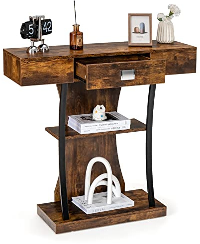 LIFEZEAL Konsolentisch Schmal, Flurtisch mit 3 Ebenen, Beistelltisch Holz mit Schublade, Sideboard Console Table für Eingang, Flur, Wohnzimmer, Rustikales Braun (Braun)