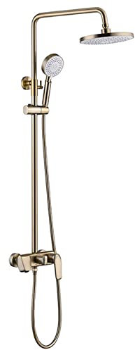 WPHH Gebürstetes Gold Duschsystem Mit Wanneneinlauf, Wandmontage Freiliegende Regenduschset Mit Rundem Kopfbrause Und 3 Strahlmodi Handbrause, Messing Duscharmatur Set, Höhenverstellbar