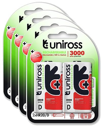 Uniross - Pack de 4 pilas recargables (1,2 V, D/HR20, 3000, NIMH, 2 unidades)