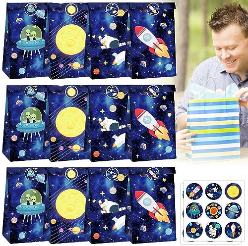 Weltraumplaneten Geschenktüten, 12 Stück, Mit 18 Aufklebern, Astronauten & Planeten Design, Für Kindergeburtstage & Partys