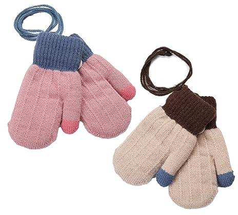 2 Paire Moufle Enfant Tricoté Gants Epais avec Corde Epais Plein-Doigts Hiver Motif Gants Moufles Toddler Enfants Gants Sport Extérieur Ski Snowboard Camping Moufles à Accrocher au Cou pour 0-3 Ans