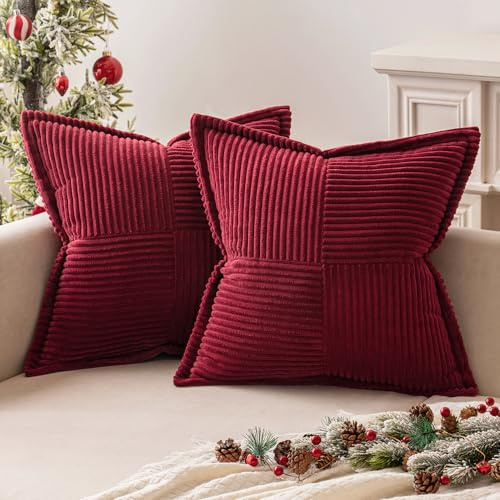 MIULEE 2er Set Kissenbezug 40×40cm Kordsamt Biese Patchwork Burgund | Mit Biese und Patchwork Design formstabil farbtreu mit Reißverschluss dekorativ für Sofa Bett Gästezimmer Büro und Terrasse