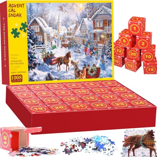Advent Calendar 2024 Jigsaw Puzzles 1008 Pieces, Christmas Adventures Jigsaw Puzzle for Kids and Adults, 24 Days 24 Boxes Christmas Countdown Calendar, Winter Puzzle Gifts for Home Decoration
