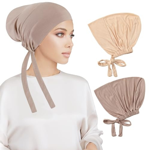 PHOGARY 2 Pezzi Donne Hijab Undercap, Islamico Musulmano sotto Hijab cap Interno sotto Sciarpa Cappello con Chiusura Tie-Back Underscarf Hijabcap Turbante Head Wraps Chemio Sleep cap per Le Donne (E)