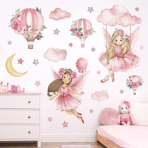 wondever Pink Fairy on Swing Wall Stickers Girl Hot Air Balloon Flowers Peel and Stick Wall Art Decals for Baby Nursery Kids Girls Bedroom