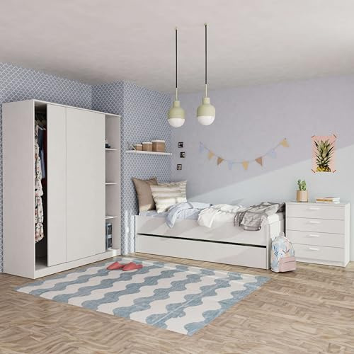 Miroytengo Pack Muebles Dormitorio Juvenil Tibet Estilo Contemporáneo en Color Blanco Mate (Cama 105x190 cm + Armario + Cómoda)