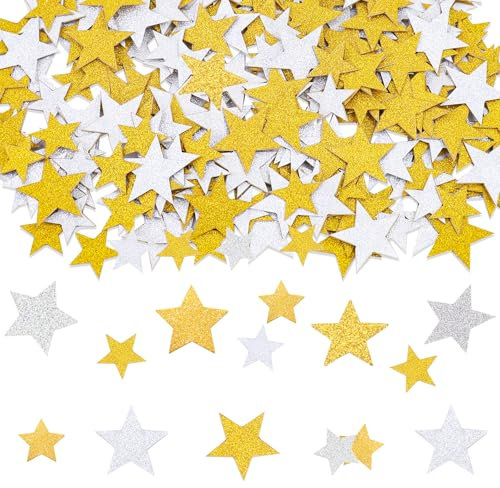 DazzJoy Glitzer Sterne Konfetti Gold Silber Groß,200 Stk Glitzersterne Streudeko Weihnachten,Pailletten Stern Tischdeko Silvester,2 Größen Sterne Deko,Streusterne Konfetti Geburtstag Hochzeit Karneval
