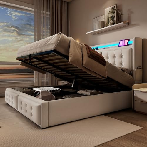 KEYIDE Polsterbett 180x200 cm, Doppelbett mit Stauraum und Lattenrost, LED Kopfteil mit USB C Ladefunktion,Stauraumbett Funktionsbetten Rückenlehne Bettgestell, Baumwolle (Beige, 180x200 cm)