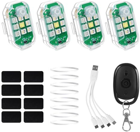 MiOYOOW Strobe Drone Light, 4 pezzi impermeabile senza fili LED con telecomando, 7 luci di ricarica USB colorate per attività all'aperto, campeggio, fotografia