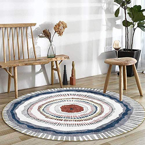 SJHDHDA Runder Neuer waschbarer Wohnzimmerteppich ø 80 cm Rutschfester Akzentteppich Schlafzimmer Esszimmerteppich Weicher Kurzflorteppich Vintageteppich Geometrische Linien Blau Learned extensively