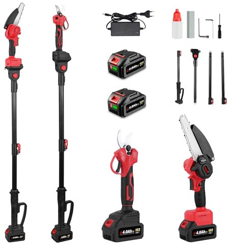 ONEVAN Akku Hochentaster und Astschere mit Teleskopstiel, 4-in-1, Bürstenlos 6 Zoll Akku Kettensäge + 25mm Akku Baumschere + 200mm Teleskopstange, 180° Einstellbarer Winkel, mit 2 4.0Ah Akkus