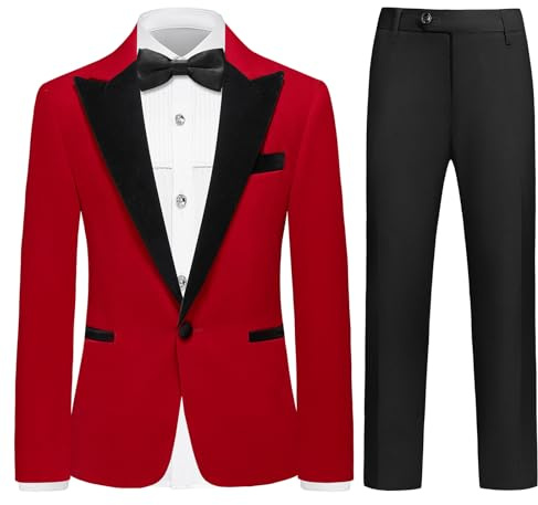 Rogers & Morris Boys Velvet Tuxedo Suit Formal Outfits Slim Fit Size 12 Kids 5 Piece Suit Set Peak Lapel Tuxedo Jacket White Shirt Black Pants One Red & One Black Bowtie Red
