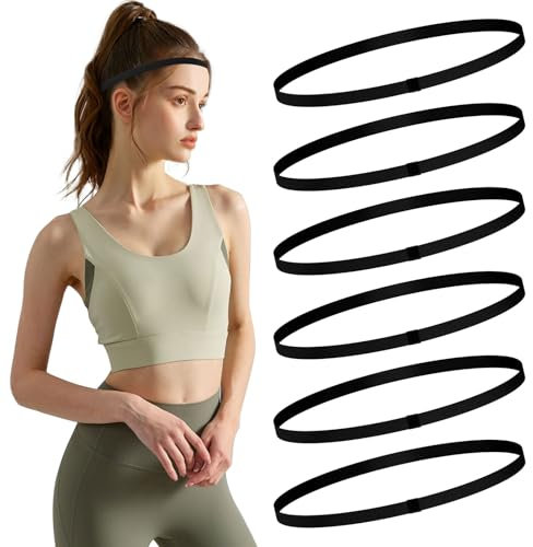 6 Stück athletisches Sport-Stirnband, elastische, dünne Haarbänder, rutschfester Silikongriff, Skinny, Yoga, Übung, Fußball, Schweißband, Kopfbedeckung für Damen und Herren (6 Stück, schwarz)