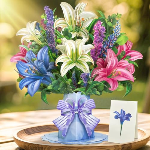 YianHien Lilien Pop Up Karte, Edle Lilien Geburtstagskarte Frau für Mama Oma Ehefrau Freundin Schwestern, 3D Blumen Karte zum Geburtstag Muttertag Hochzeit Valentinstag Gute Besserung Geschenke Frauen