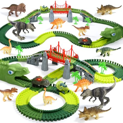 EagleStone 225 Teile Dinosaurier Rennbahn Set Flexible Rennstrecke | mit elektrischem Dino Auto mit Licht, 8 Dino Figuren und Tunnelkopf, Weihnachts und Geburtstagsgeschenk, Kinder 3 bis 8 Jahre