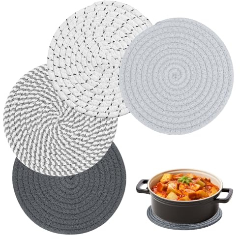 Spetsbst Topfuntersetzer Set 4 Stück 18cm Runde Topf Untersetzer Baumwolle Geflochtene Faden Weben Matte für Küche Schüssel Töpfe Pfannen Kanne und Teller (Grau)