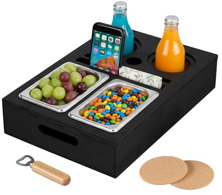 Relaxdays Sofa Snack Tray, Couch Drink & Wine Holder, Bamboo, Stainless Steel Bowls, Handles, Cup Coasters, Caddy, Black