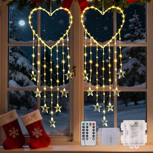 81 LED Weihnachtsdeko Fenster, 8 Modi Weihnachtsbeleuchtung mit Fernbedienung & Timer, Batterie Fensterbeleuchtung Weihnachten Traumfänger-Stil Lichterkette für Innen Außen Fenster Wand(2 Stück)