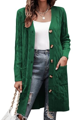 Aottori Cárdigan Mujer Punto Largo Manga Larga Suéter Chaqueta Botones Bolsillos Suéter Chaqueta Casual Elegante Abrigo Frente Abierto Otoño Invierno Verde L