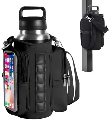 Lwuey Magnetisch Trinkflasche Tasche fur Gym Wasserflasche bis 1.5L Schwarz | Fitness Zubehör Mehreren Fächern fur Handy, Schlüssel, Kreditkarte Sporttasche Turnbeutel für Studio, Yoga, Outdoor Training