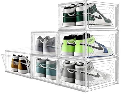 KINGSUSLAY 6Pack Clear Shoe Storage Organizer, XL Shoe Organizer Containers with Lids,Stackable Boxes for Shoes,Golf Caps,Closet,Accessories, Foldable Space Saving Shoe Rack for Women/Men.