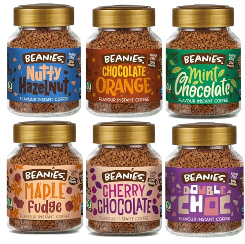 Beanies Flavoured Instant Coffee Chocolate Variety Pack – 6 x 50g Jars – Nutty Hazelnut, Orange, Chocolate, Maple Fudge, Cherry & Double